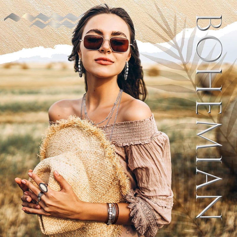 Ecally Store Bohemian Western Jewelry Turquoise Set Women Country Pendant Long Choker Layered Bracelets Earrings Ring for Women - Image 2